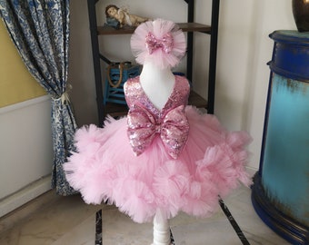 Pink Sequin Flower Girl Dress, Tulle Birthday Costume, Hairband Included