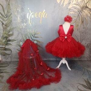 Baby Red Hankies Shaded Drapes Gown With Hair Accessory