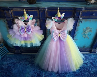 Mom and Daughter Unicorn Birthday Dress Set includes Hair Band, Colourful Pony Costume, Rainbow Baby girl Tutu, Unicorn Theme Birthday Gown