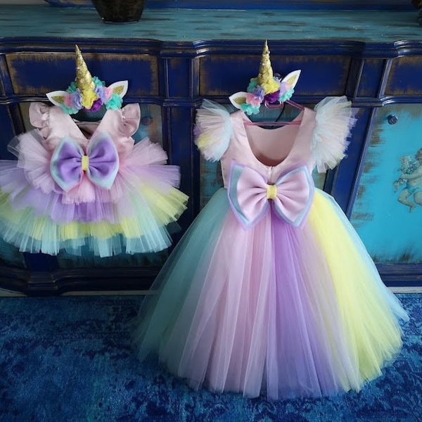 Mamá e hija Unicornio Birthday Dress Set incluye banda para el cabello, colorido disfraz de pony, Rainbow Baby girl Tutu, vestido de cumpleaños temático de unicornio