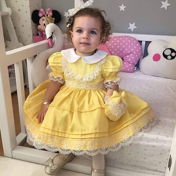 Yellow Cotton Toddler Frock Baby 1st Birthday Party Gown Girl