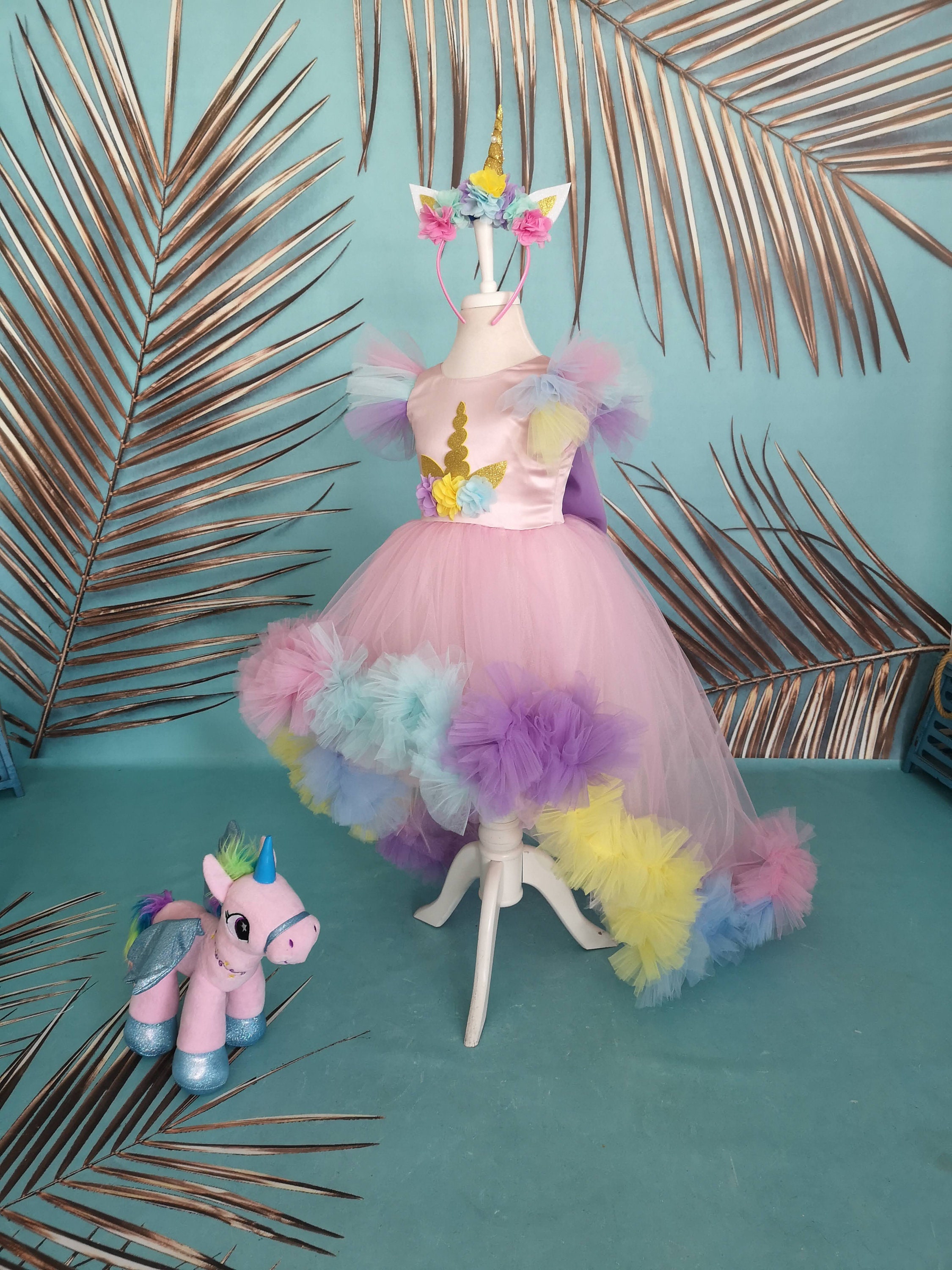 Long Tail Unicorn Birthday Dress Set Includes Head Crown, Pony