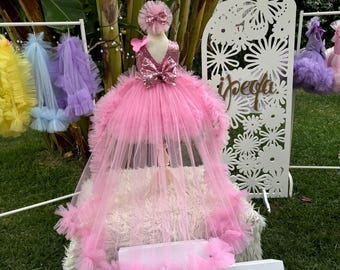 Vestido rosa de mariposa para bebé, vestido de fiesta con cola larga