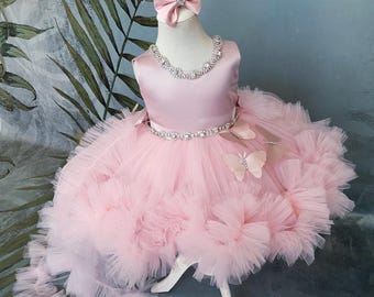 Vestido de desfile para niña con diamantes de imitación rosas y cola desmontable, vestido de cumpleaños para niña pequeña