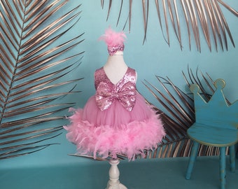 Pink Girl Fur Birthday Dress, Feather Birthday Outfit, Children Dress, Baby Girl Frock, Kids Party Cloth, Princess Vesture, Baby Gown