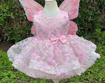 Butterfly Wings girl prom Gown, Pink Baby 1st Birthday Outfit detachable long trail, Flower girl Dress