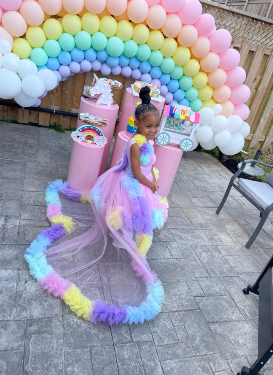 party city unicorn dress Long Tail Unicorn Birthday Dress Set Includes Head Crown, Pony Theme Colourful Costume, Rainbow Babygirl Tutu, Unicorn Theme Birthday Cloth