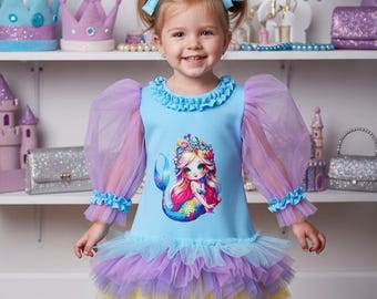 Mermaid Themed Toddler Dress with a mermaid print, designed for girls’ birthday parties and special celebrations