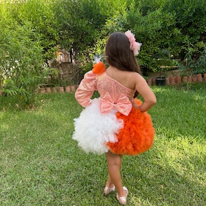 White Orange Halloween Sneaker Ball dress, Girls Pageant Dress with Detachable Long Tail, Puffy Tutu Gown