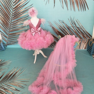 May include: A pink tulle dress with sequins and a large pink bow. The dress is on a white stand and has a matching pink tulle veil draped over a chair.