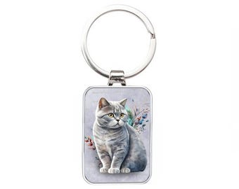 Silver Metal Keyring - British Short Hair Cat