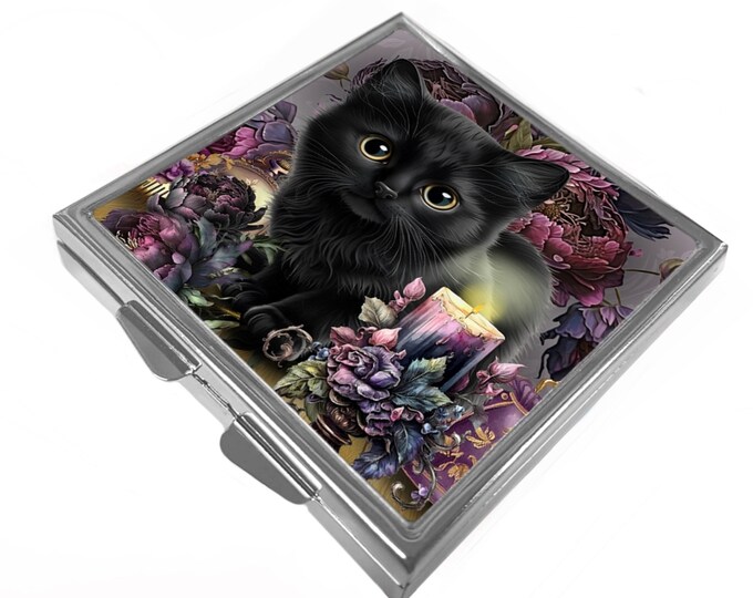 Square Pill/Trinket Box - Black Kitten & Peonie Flowers - Peonie