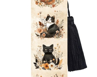 Large Metal Bookmark With Tassel - Floral Kittens Bookmark - (Tuxedo, Ginger, Tabby & Black Cat)