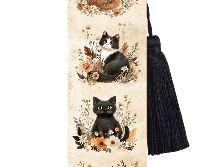 Large Metal Bookmark With Tassel - Floral Kittens Bookmark - (Tuxedo, Ginger, Tabby & Black Cat)