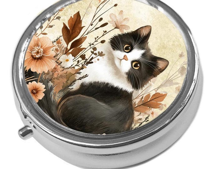 Metal Pill Box - Cat Trinket Box - Floral Black and White Cat