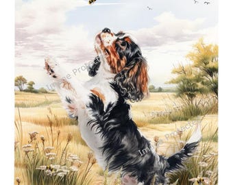May include: A white, black, and brown Cavalier King Charles Spaniel dog stands on its hind legs in a field of tall grass. The dog is looking up at a bee flying in the sky. The text "Home Is Where My Cavalier Is" is at the top of the image.