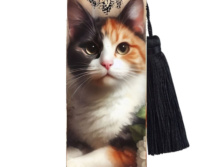 Large Metal Bookmark With Tassel - Vintage Cats - Vintage Calico Cat