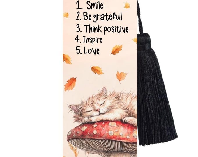 Large Metal Bookmark With Tassel - Mushroom The Cat - Cap On Mushroom Napping Book Mark