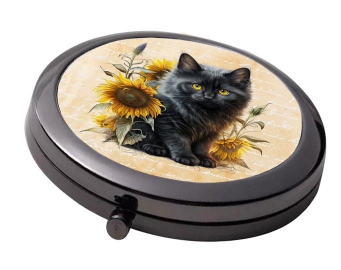 Black Kitten & Sunflowers - Smoke Black - Large Double Compact Mirror