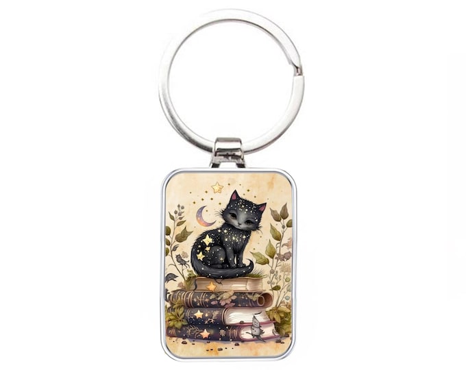 Silver Metal Cat Keyring - Little Black Cat On Books