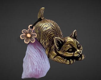 Brass Lucky Charm Cat - Mittens - Brass Cat, Charm & Tassel - With Bag and Card