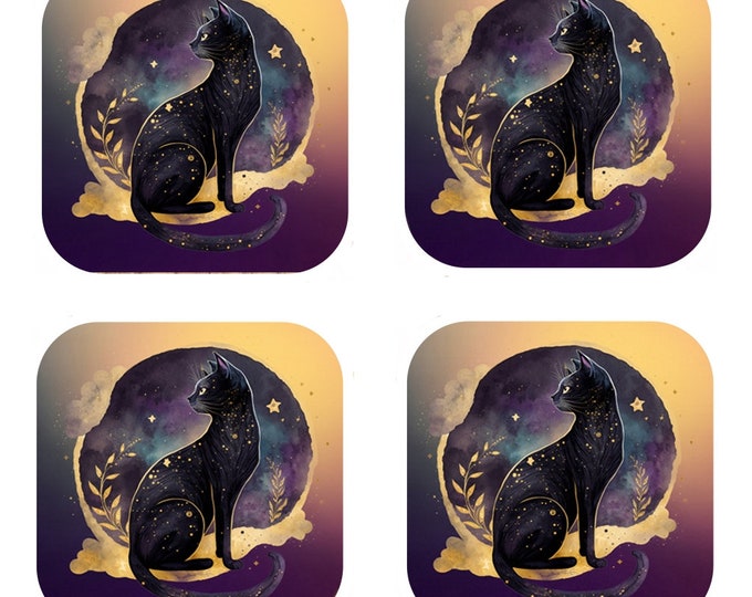 Set Of 4 - Cat Coasters - Cork Backed Coasters - Black Cat Celestial (Dusk)