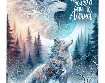 Hanging Metal Sign - Winter Wolf - Motivational Quotes - Be the energy you want to attract
