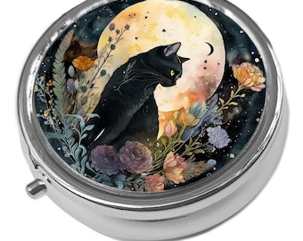 Black Cat, Moon & Flowers - Metal Pill Box - Cat Trinket Box