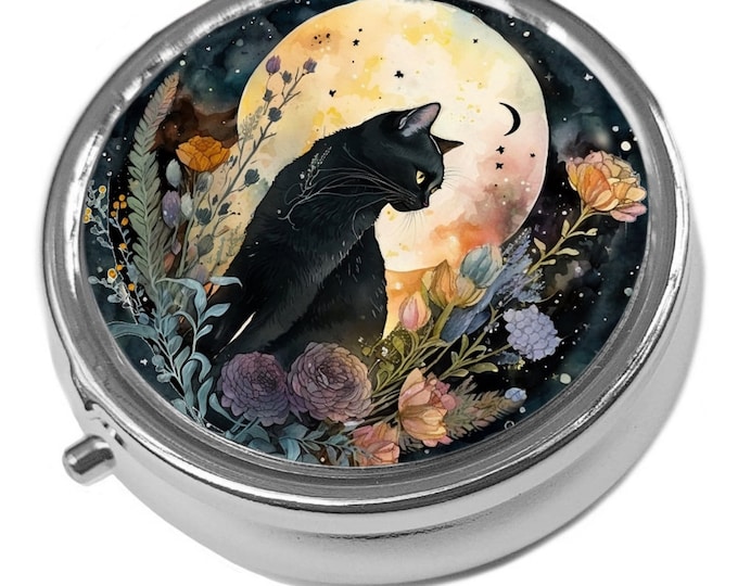 Black Cat, Moon & Flowers - Metal Pill Box - Cat Trinket Box