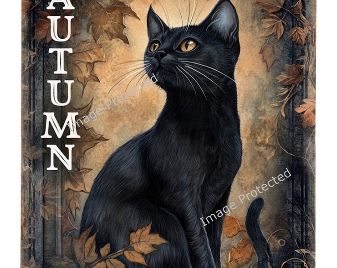 Autumn Cat - Hanging Metal Sign - Black Cat Sign - Hello Autumn