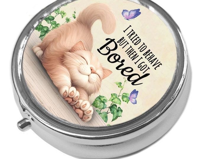 Whimsical Cat Metal Pill Box: Funny Cat Lover Gift