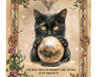 Cat Sign - Hanging Metal Sign -Black Cat & Crystal Ball - Best Way To Predict The Future Is To Create It