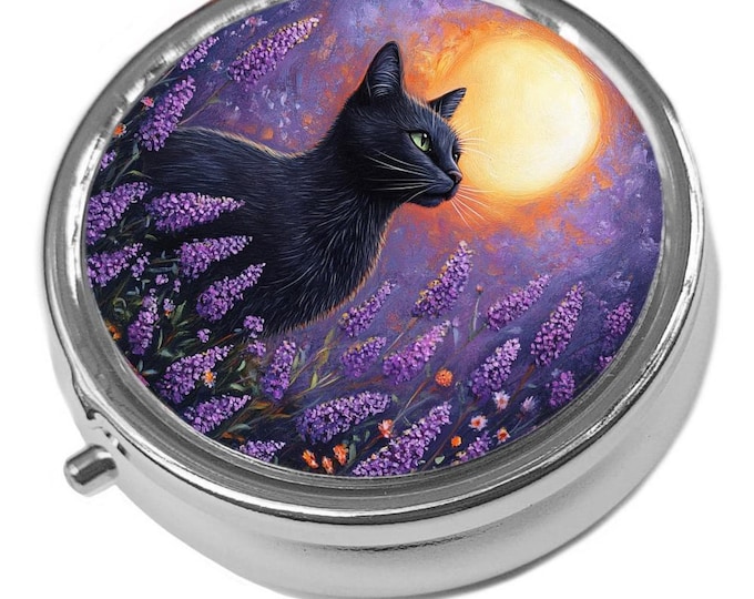 Moongazing Black Cat in a Lavender Field Pill Box: Floral Trinket Keeper