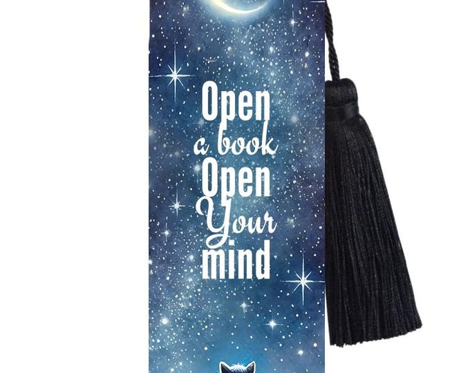 Large Metal Bookmark With Tassel - Moongazing Cat,with Reader Quote