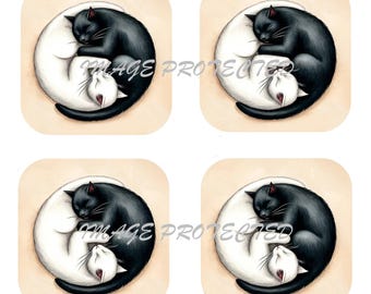 Set Of 4 - Cork Backed Coasters - Yin Yang Cats