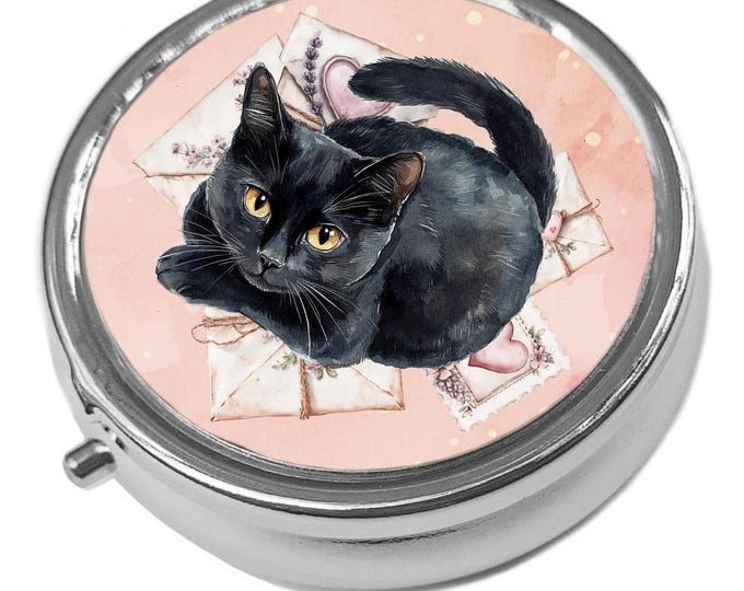 Metal Pill Box - Cat Trinket Box - Cottage, Shabby Chic Black Cat