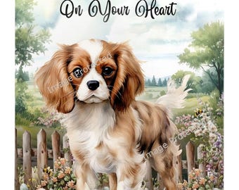 May include: A Cavalier King Charles Spaniel puppy stands on a stone path in a garden setting. The dog is brown and white with a long, flowing coat. The text "Cavaliers Leave Pawprints On Your Heart" is written above the dog.