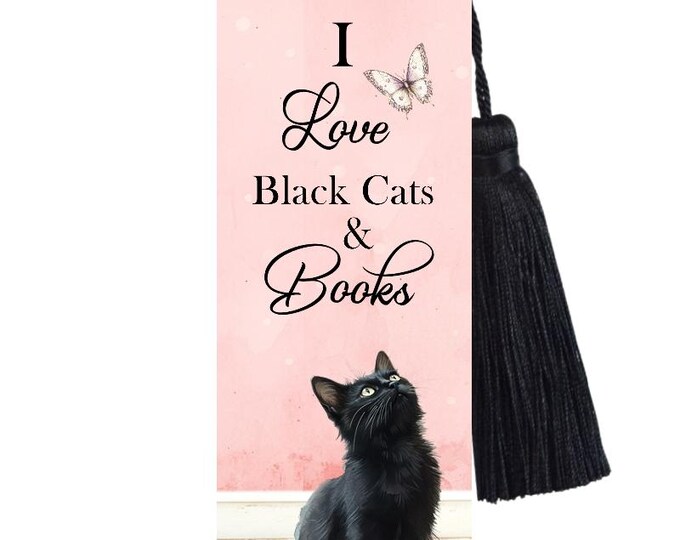 Large Metal Bookmark With Tassel - I Love Black Cats and Books