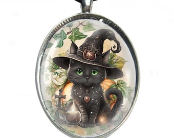 Glass Cabochon Necklace - Silver Plated Tray & Leather Cord Necklace - Little Witches Cat
