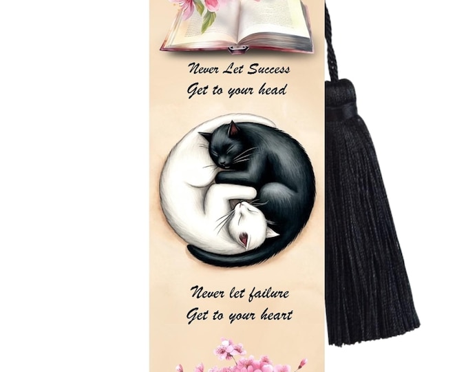 Large Metal Bookmark With Tassel - Black and White Cat Yin Yang - Motivational - Balance