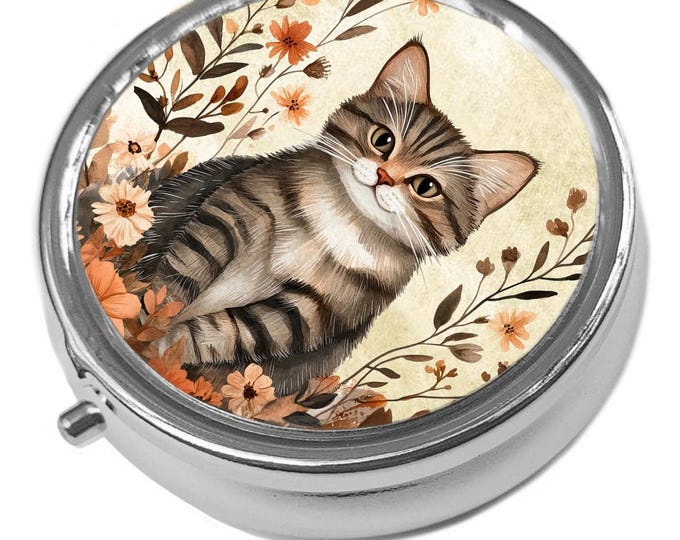 Metal Pill Box - Cat Trinket Box - Floral Tabby Cat