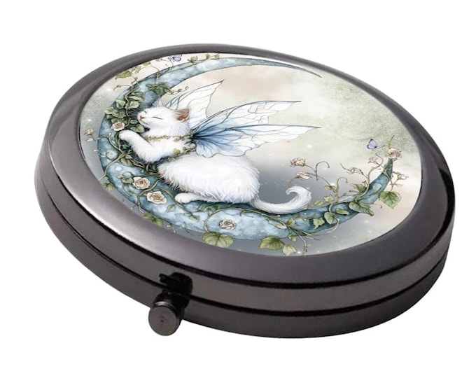 White Fairy Cat - Smoke Black - Large Double Compact Mirror