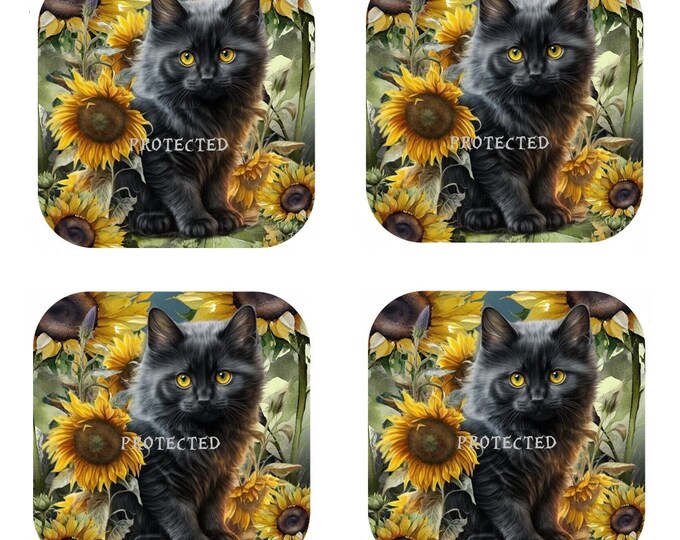 Set Of 4 - Cat Coasters - Cork Backed Coasters - Black Kitten & Sunflowers