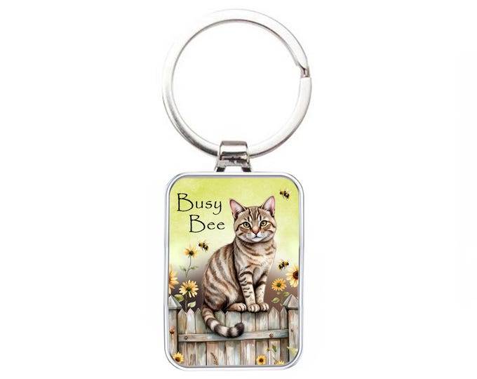 Silver Metal Keyring - Tabby Cat - Busy Bee