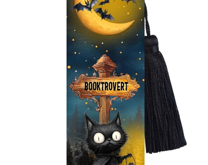 Large Metal Bookmark With Tassel - Black Cat Bookmark - Funny - Booktrovert