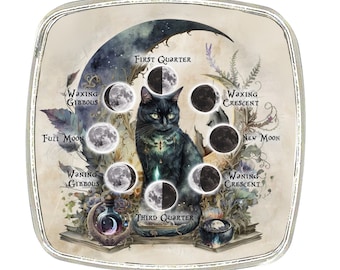 Cat Magnet - Chrome Finish Large Magnet - Moon Magic - Black Cat/Moon Phases