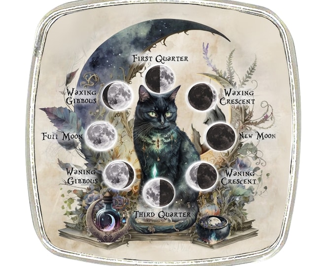 Cat Magnet - Chrome Finish Large Magnet - Moon Magic - Black Cat/Moon Phases