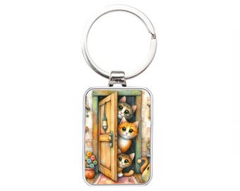 Silver Metal Keyring - Peeking Cats - Cat Keyring
