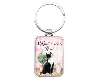 Silver Metal Cat Keyring - Cottagecore,Shabby Chic - I Love Tuxedo Cats