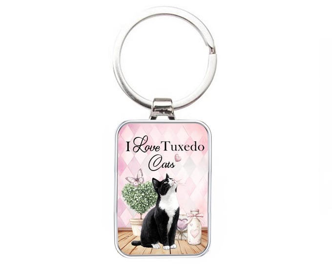 Silver Metal Cat Keyring - Cottagecore,Shabby Chic - I Love Tuxedo Cats